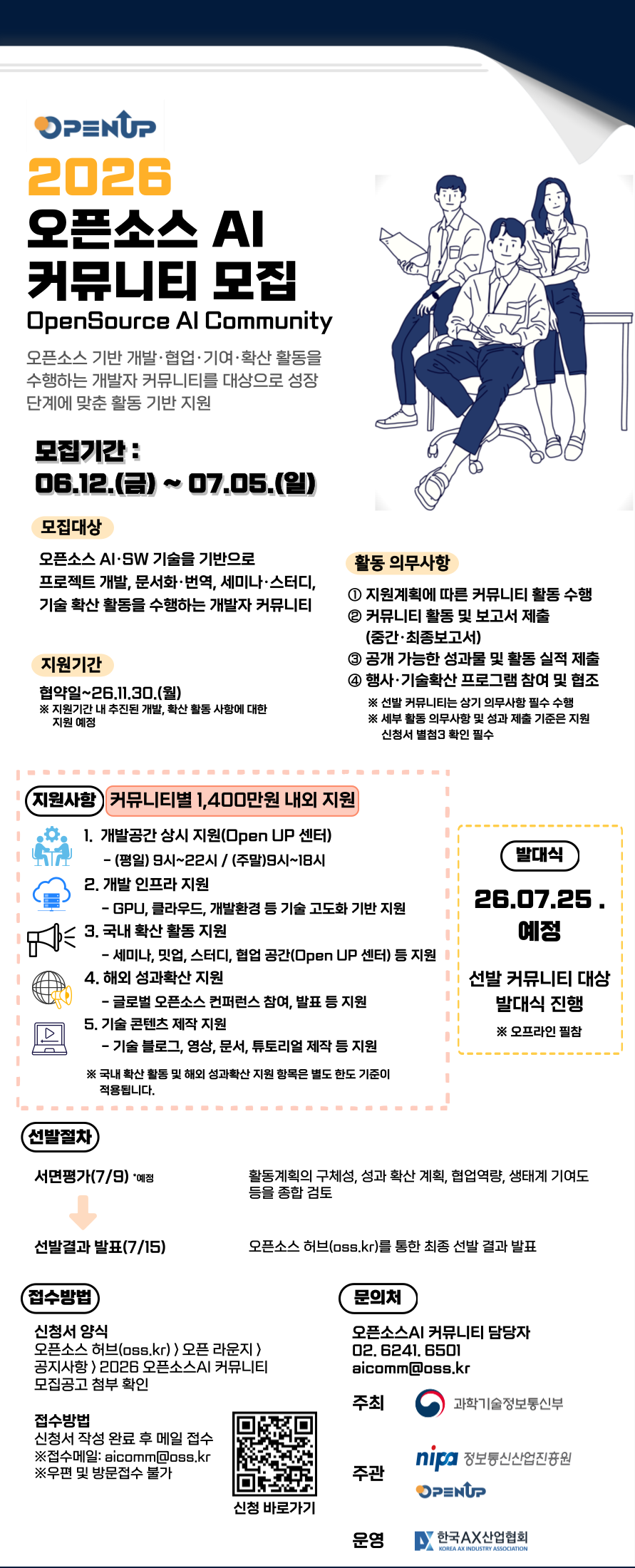 2026 오픈소스AI 커뮤니티 모집  OpenSource AI Community  오픈소스 기반 개발·협업·기여·확산 활동을 수행하는 개발자 커뮤니티를 대상으로 성장 단계에 맞춘 활동 기반 지원  모집기간  06.12.(금) ~ 07.05.(일)  모집대상  오픈소스 AI·SW 기술을 기반으로 프로젝트 개발, 문서화·번역, 세미나·스터디, 기술 확산 활동을 수행하는 개발자 커뮤니티  지원기간  협약일~26.11.30.(월)  ※ 지원기간 내 추진된 개발, 확산 활동 사항에 대한 지원 예정  활동 의무사항  ① 지원계획에 따른 커뮤니티 활동 수행 ② 커뮤니티 활동 및 보고서 제출 　(중간·최종보고서) ③ 공개 가능한 성과물 및 활동 실적 제출 ④ 행사·기술확산 프로그램 참여 및 협조  ※ 선발 커뮤니티는 상기 의무사항 필수 수행  지원사항  커뮤니티별 1,400만원 내외 지원  개발공간 상시 지원(Open UP 센터) (평일) 9시~22시 / (주말)9시~18시 개발 인프라 지원 GPU, 클라우드, 개발환경 등 기술 고도화 기반 지원 국내 확산 활동 지원 세미나, 밋업, 스터디, 협업 공간(Open UP 센터) 등 지원 해외 성과확산 지원 글로벌 오픈소스 컨퍼런스 참여, 발표 등 지원 기술 콘텐츠 제작 지원 기술 블로그, 영상, 문서, 튜토리얼 제작 등 지원  ※ 국내 확산 활동 및 해외 성과확산 지원 항목은 별도 한도 기준이 적용됩니다.  발대식  26.07.25. 예정  선발 커뮤니티 대상 발대식 진행  ※ 오프라인 필참  선발절차  서면평가(7/9) 활동계획의 구체성, 성과 확산 계획, 협업역량, 생태계 기여도 등을 종합 검토  ↓  선발결과 발표(7/15) 오픈소스 허브(oss.kr)를 통한 최종 선발 결과 발표  접수방법 신청서 양식  오픈소스 허브(oss.kr) 〉 오픈 라운지 〉 공지사항 〉 2026 오픈소스AI 커뮤니티 모집공고 첨부 확인  접수방법  신청서 작성 완료 후 메일 접수 ※ 접수메일: aicomm@oss.kr ※ 우편 및 방문접수 불가  신청 바로가기  문의처  오픈소스AI 커뮤니티 담당자 02.6241.6501 aicomm@oss.kr  주최  과학기술정보통신부  주관  NIPA 정보통신산업진흥원 Open UP  운영  한국AX산업협회